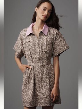 Maeve Leopard Print Zip Dress with Pink Collar